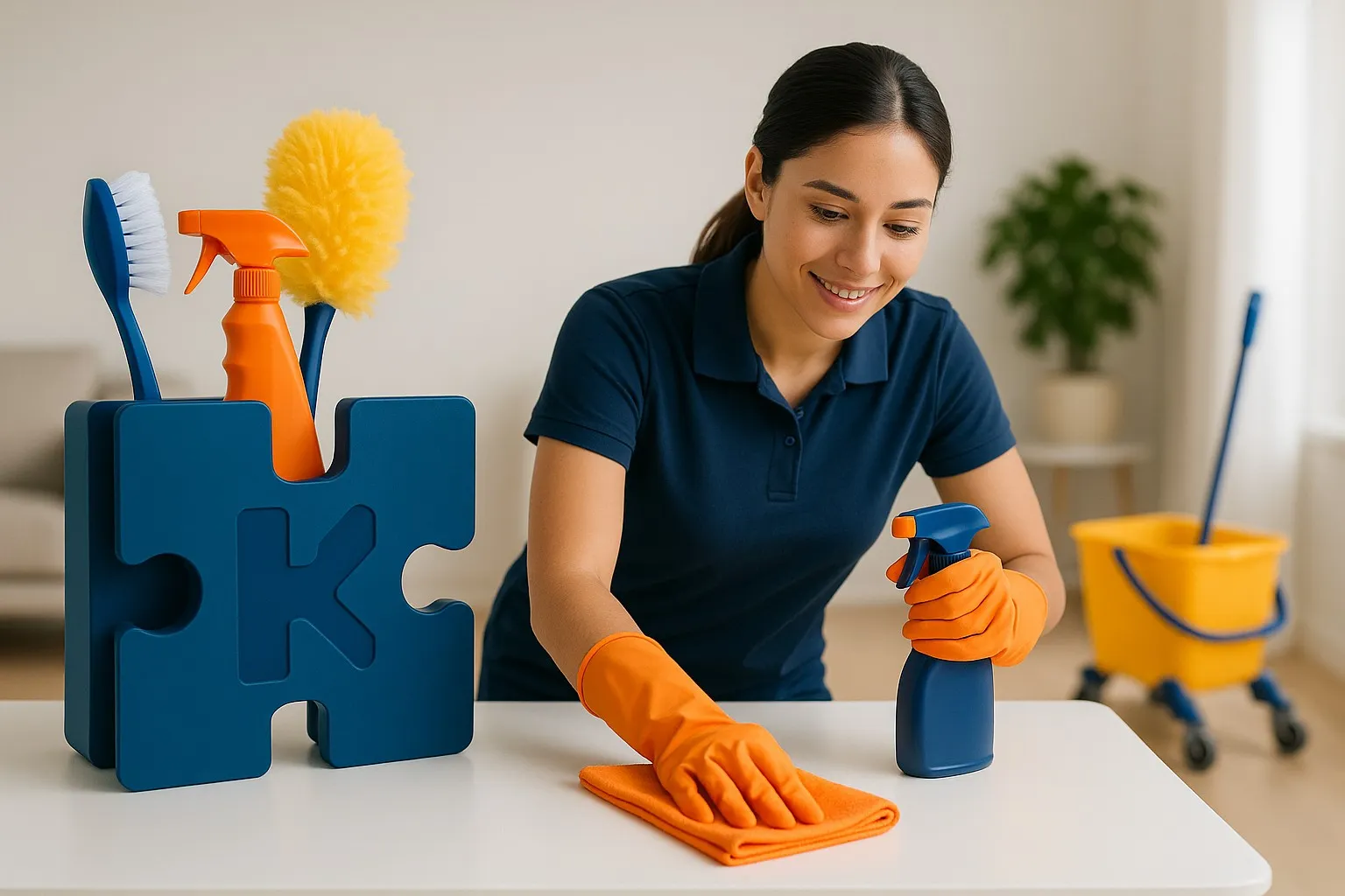 Woman wiping a table beside a cleaning caddy shaped like a puzzle piece