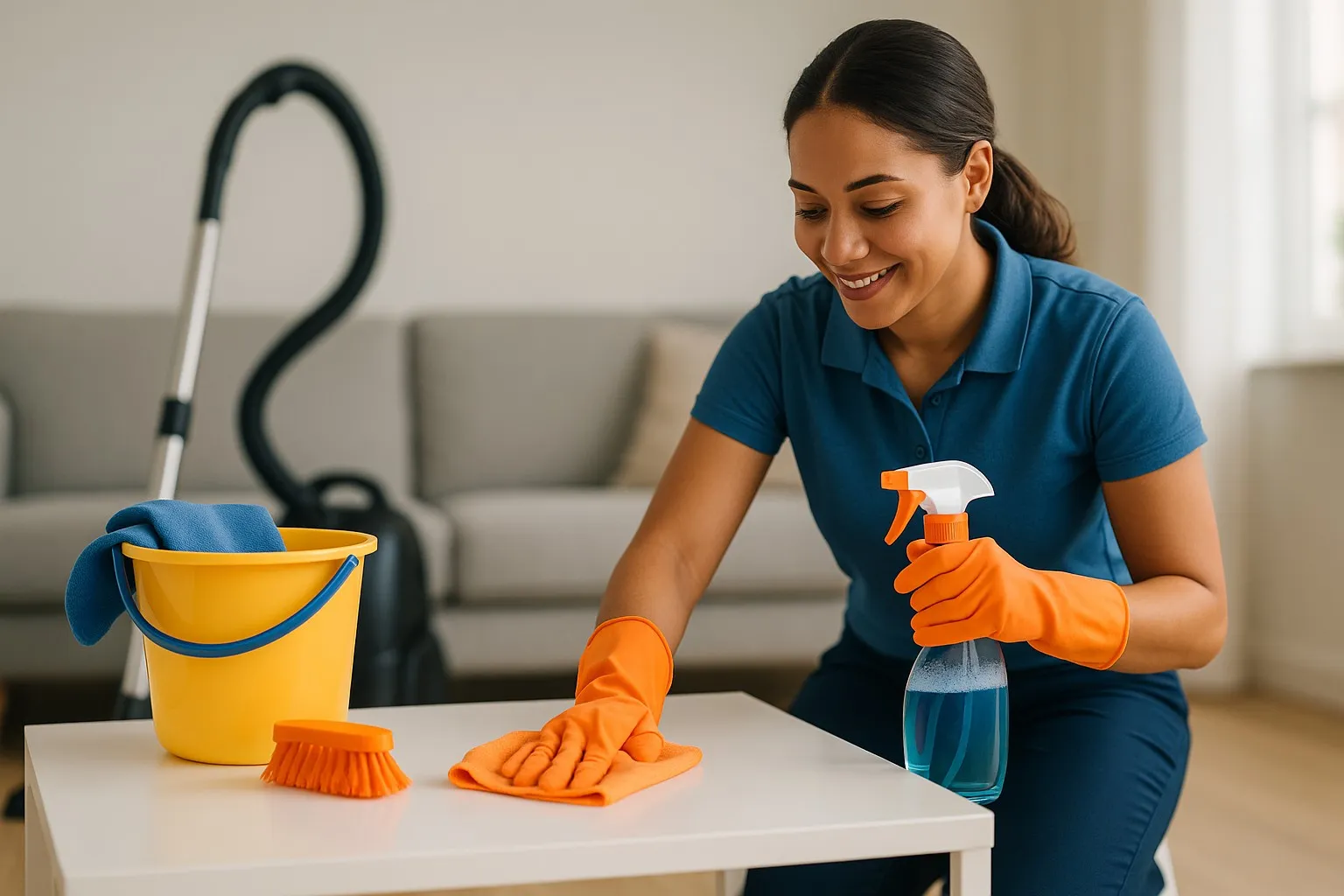 Woman spraying and wiping a white table in a living room