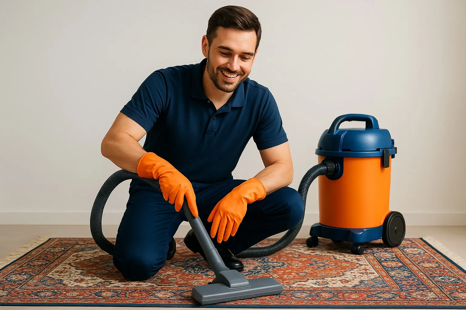 Man vacuuming a patterned rug with a canister vacuum cleaner