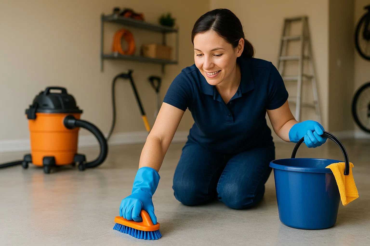 Woman scrubbing a garage floor next to a bucket