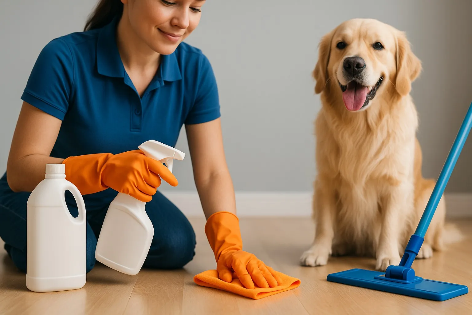 Woman wiping a wooden floor while a golden retriever sits beside her
