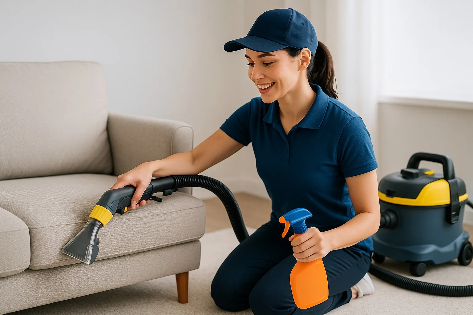 Woman cleaning a light fabric sofa with an upholstery attachment