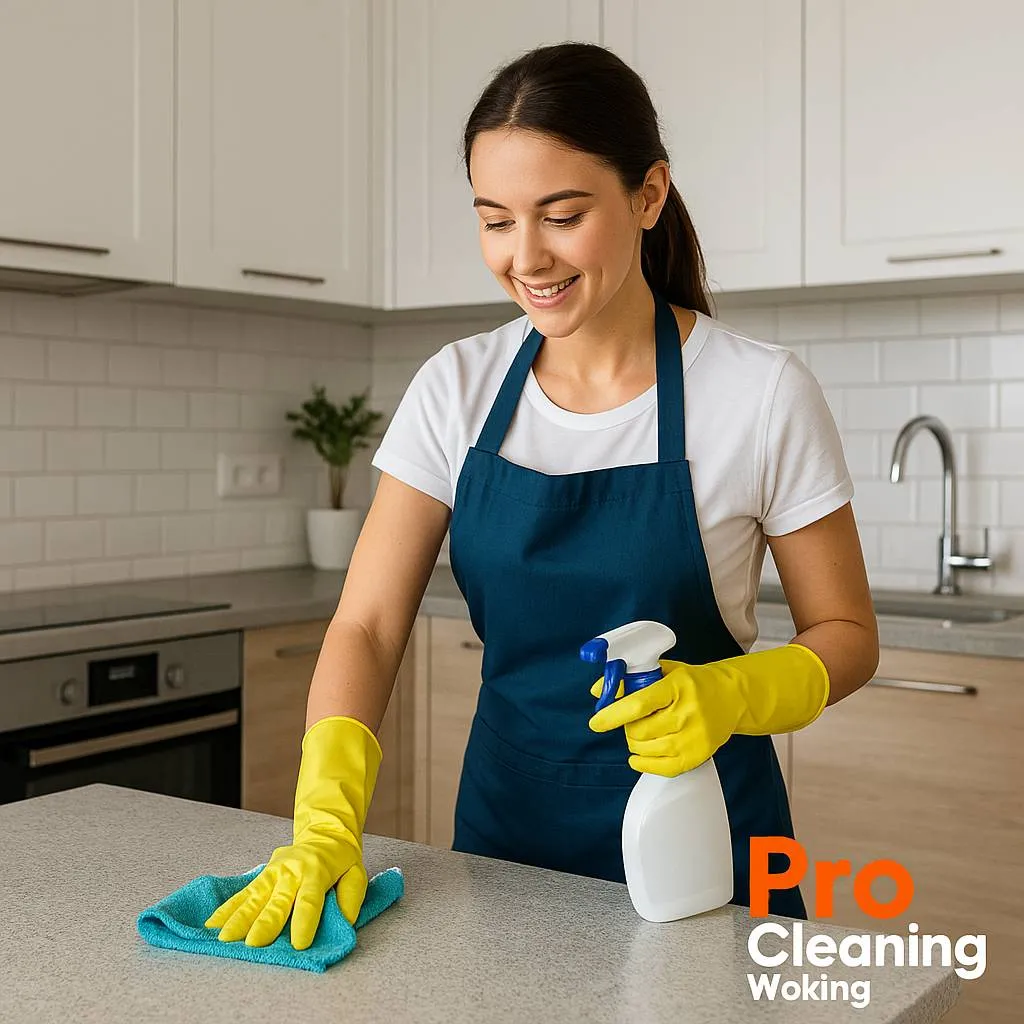 Smiling woman wiping a kitchen worktop