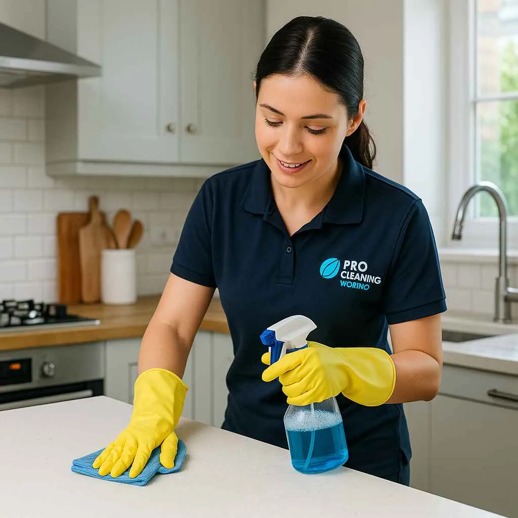 Woman spraying and wiping a kitchen worktop