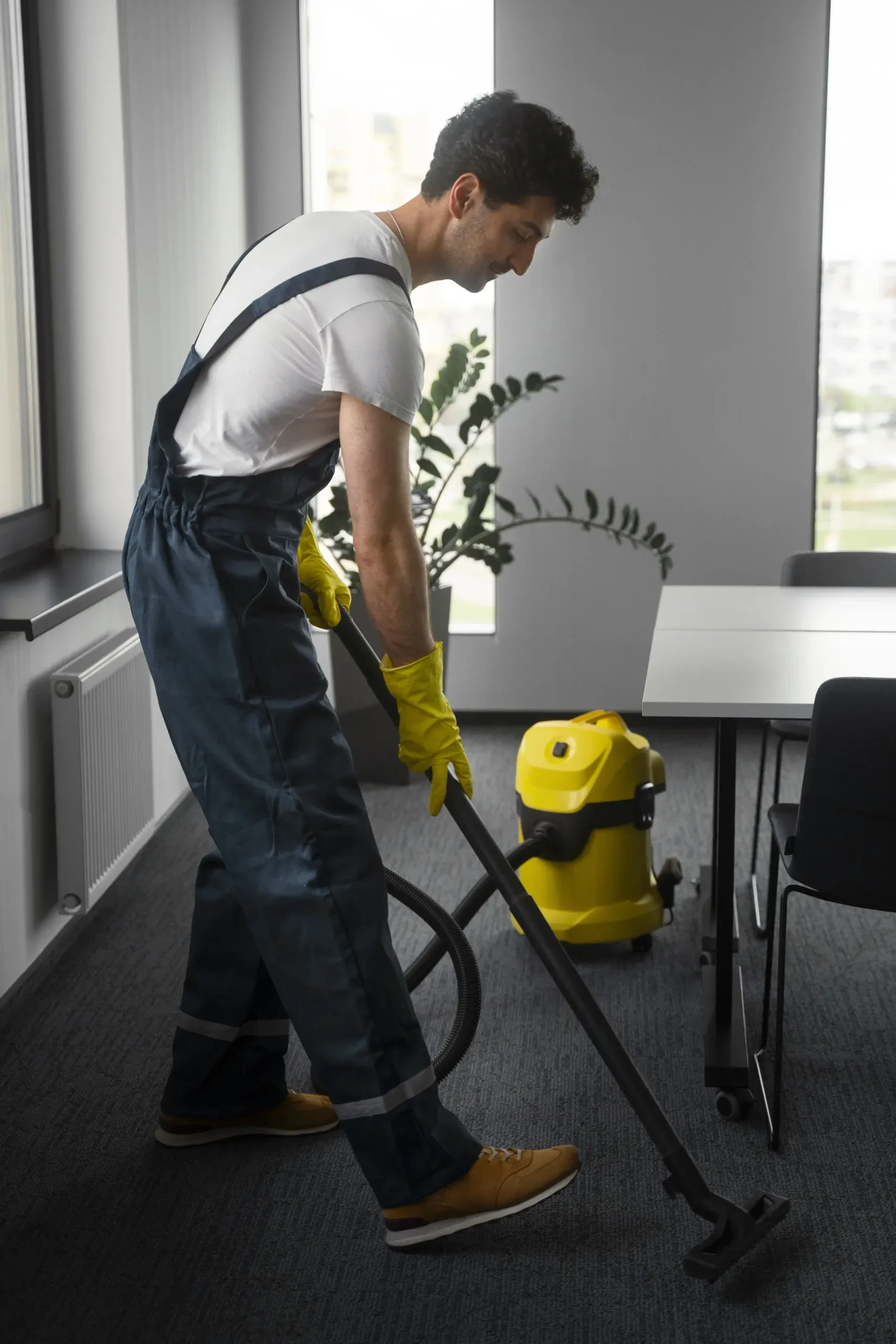 Cleaner in overalls and yellow gloves vacuuming the carpet of an office meeting room