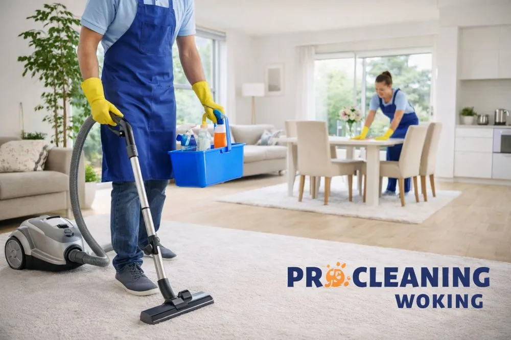 Man vacuuming a cream rug while a woman wipes a dining table