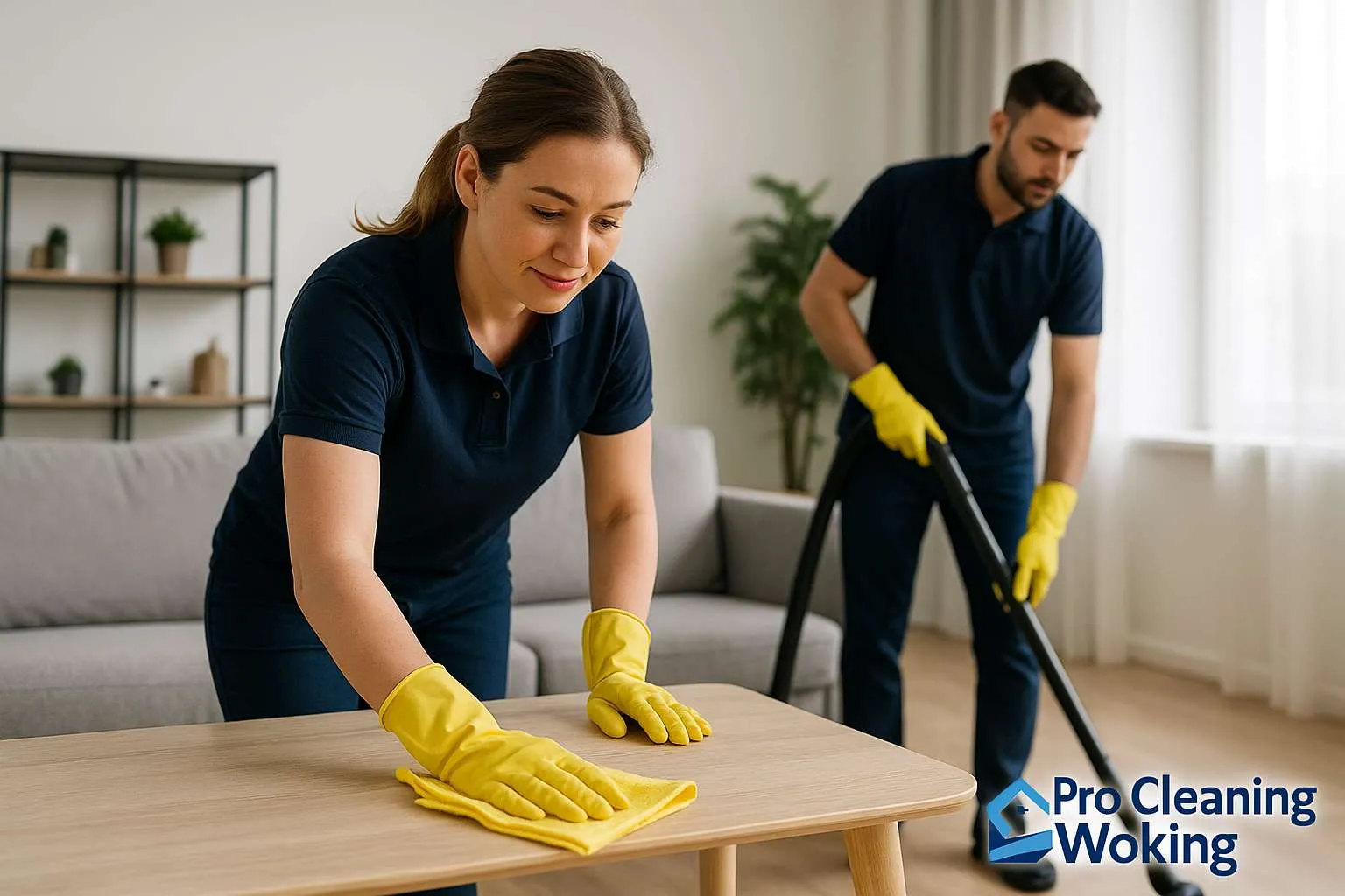 Woman wiping a table while a man vacuums behind her