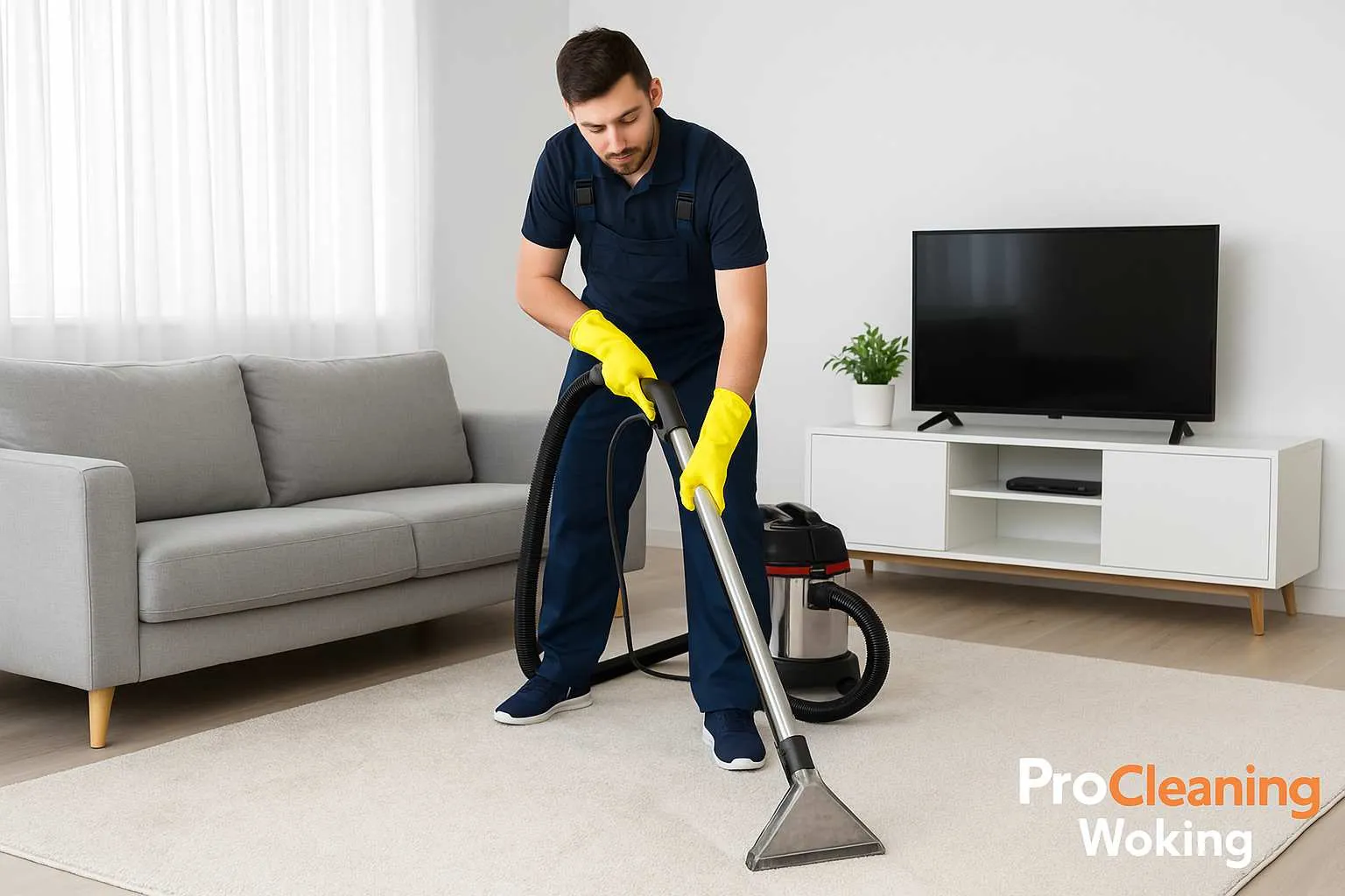 Man using a carpet cleaning machine on a cream rug in a living room