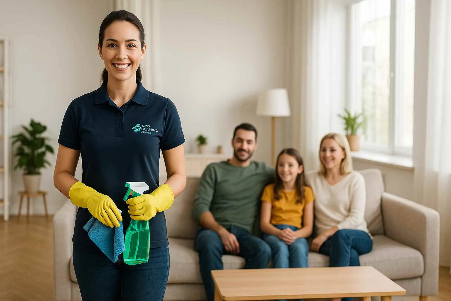 Smiling woman holding cleaning products, a family on the sofa behind her